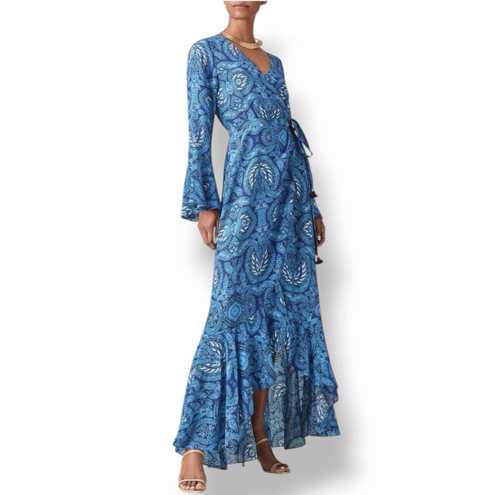 Figue Juliette Silk Wrap Maxi Dress Boho Batik Blue Ruffle Bell Sleeve Size XS